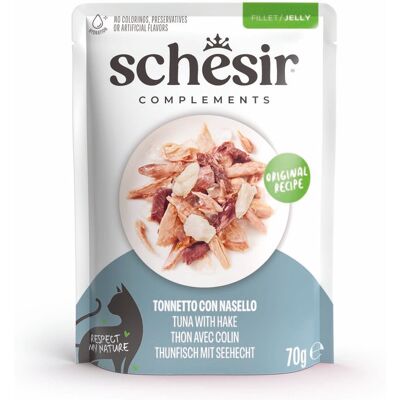 Voordeelpakket: 24x70g Schesir Complementen in gelei tonijn met heek natvoer voor katten Voordeelpakket: 24x70g Schesir Complementen in gelei tonijn met heek natvoer voor katten