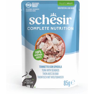 Voordeelpakket: 24x85g Schesir Complete Nutrition filet in gelei tonijn met zeebaars natvoer voor katten Voordeelpakket: 24x85g Schesir Complete Nutrition filet in gelei tonijn met zeebaars natvoer voor katten