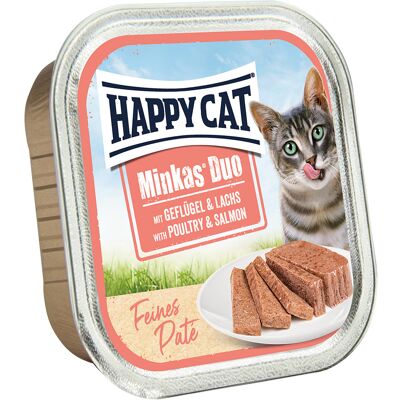16x100g Happy Cat Minkas Duo Morsels op Patéschaaltjes Gevogelte & Zalm nat kattenvoer 16x100g Happy Cat Minkas Duo Morsels op Patéschaaltjes Gevogelte & Zalm nat kattenvoer