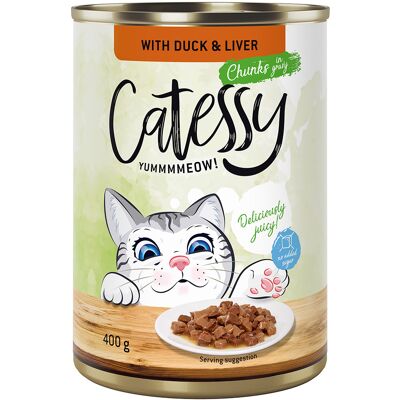 24x400g Hapjes in Saus of Gelei met Eend en Lever in Saus Catessy Kattenvoer 24x400g Hapjes in Saus of Gelei met Eend en Lever in Saus Catessy Kattenvoer