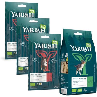 Gemengd Pakket: 2 soorten Yarrah Bio Hondensnacks - 750 g bio koekjes + 6 x 33 g bio kauwsticks Gemengd Pakket: 2 soorten Yarrah Bio Hondensnacks - 750 g bio koekjes + 6 x 33 g bio kauwsticks
