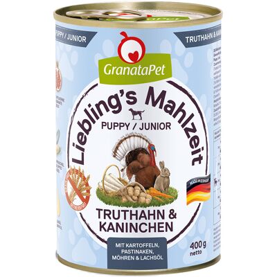 Granatapet Lievelingsmaaltijd 6 x 400 g Hondenvoer - Junior Kalkoen & Konijn Granatapet Lievelingsmaaltijd 6 x 400 g Hondenvoer - Junior Kalkoen & Konijn