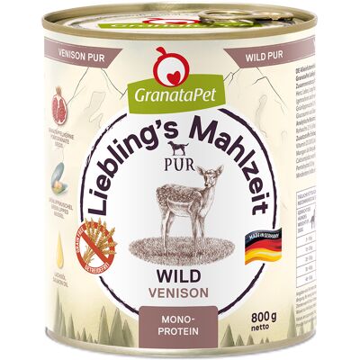 6x 800g GranataPet Liebling's Mahlzeit PUR Wild natvoer voor honden 6x 800g GranataPet Liebling's Mahlzeit PUR Wild natvoer voor honden