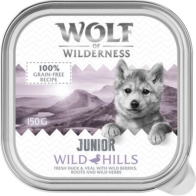 24x 150g Wolf of Wilderness Junior Wild Hills - Eend & Kalf graanvrij natvoer voor honden 24x 150g Wolf of Wilderness Junior Wild Hills - Eend & Kalf graanvrij natvoer voor honden
