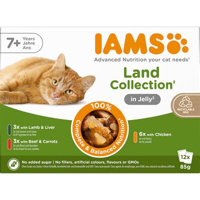 Voordeelverpakking 48x85g IAMS Advanced Nutrition Senior 7+ Land Collection in gelei nat kattenvoer Voordeelverpakking 48x85g IAMS Advanced Nutrition Senior 7+ Land Collection in gelei nat kattenvoer