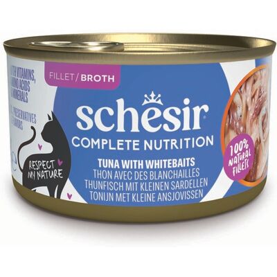 Voordeelpakket: 24x85g Schesir Complete Nutrition Filet in bouillon tonijn met witvis natvoer voor katten Voordeelpakket: 24x85g Schesir Complete Nutrition Filet in bouillon tonijn met witvis natvoer voor katten