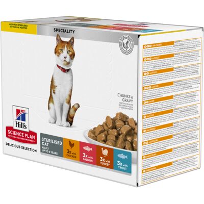 12x85g Young Adult Sterilised Cat Kip, Zalm, Kalkoen, Forel Hill's Science Plan Kattenvoer 12x85g Young Adult Sterilised Cat Kip, Zalm, Kalkoen, Forel Hill's Science Plan Kattenvoer