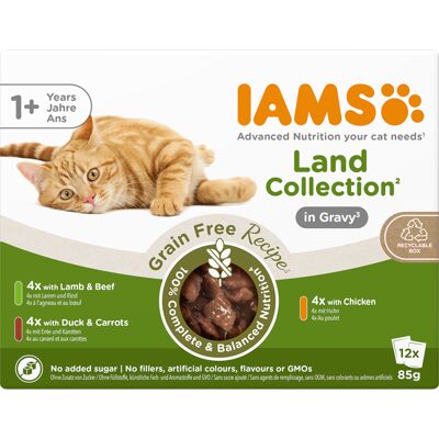 Voordeelpak: 48x85g IAMS Advanced Nutrition Grain Free Land Collection in Sauce nat kattenvoer Voordeelpak: 48x85g IAMS Advanced Nutrition Grain Free Land Collection in Sauce nat kattenvoer