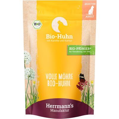 12x 100 g Herrmanns Selection biologische kip met biologische wortel en biologische kamut natvoer voor katten 12x 100 g Herrmanns Selection biologische kip met biologische wortel en biologische kamut natvoer voor katten