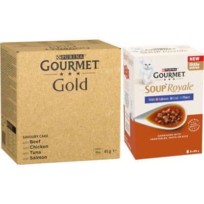 96 x 85 g Gouremt Gold natvoer voor katten + 48 x 45 g Gourmet Soup Zalm, Schol, kabeljauw gratis! - Geraffineerde Ragout mix verpakking 2 96 x 85 g Gouremt Gold natvoer voor katten + 48 x 45 g Gourmet Soup Zalm, Schol, kabeljauw gratis! - Geraffineerde Ragout mix verpakking 2