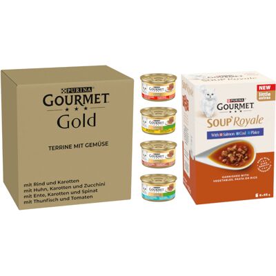 96 x 85 g Gouremt Gold natvoer voor katten + 48 x 45 g Gourmet Soup Zalm, Schol, kabeljauw gratis! - Terrine met Groenten 96 x 85 g Gouremt Gold natvoer voor katten + 48 x 45 g Gourmet Soup Zalm, Schol, kabeljauw gratis! - Terrine met Groenten
