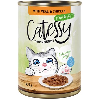 24x400g Hapjes in Saus of Gelei met Kalf en Kip in Saus Catessy Kattenvoer 24x400g Hapjes in Saus of Gelei met Kalf en Kip in Saus Catessy Kattenvoer