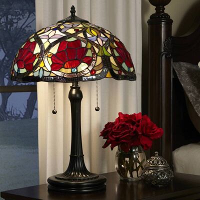 QUOIZEL Tiffany tafellamp Larissa, brons / oud-messing, Woon-/ Eetkamer, Glas, Tiffany, tafellamp QUOIZEL Tiffany tafellamp Larissa, brons / oud-messing, Woon-/ Eetkamer, Glas, Tiffany, tafellamp