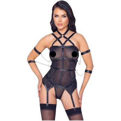 Cottelli Bondage - harnas top, armbanden en string (zwart) Cottelli Bondage - harnas top, armbanden en string (zwart)