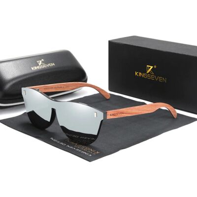 Kingseven Luxe Zonnebril met Houten Montuur - UV400 en Polarisatie Filter voor Vrouwen - Zilver Kingseven Luxe Zonnebril met Houten Montuur - UV400 en Polarisatie Filter voor Vrouwen - Zilver