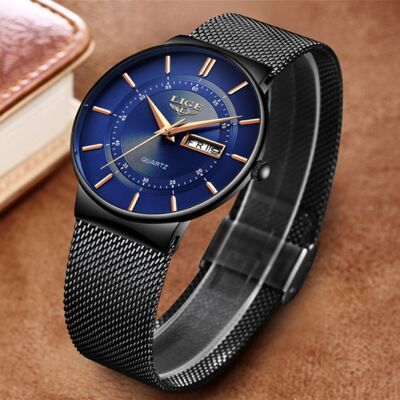 Lige Kwarts Uurwerk Heren - Anoloog Luxe Horloge voor Mannen Zwart-Blauw Lige Kwarts Uurwerk Heren - Anoloog Luxe Horloge voor Mannen Zwart-Blauw