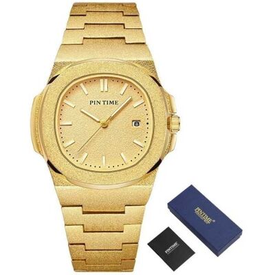 PINTIME Frosted Luxe Horloge voor Heren - Roestvrij Staal Kwarts Uurwerk met Opbergdoosje Goud PINTIME Frosted Luxe Horloge voor Heren - Roestvrij Staal Kwarts Uurwerk met Opbergdoosje Goud