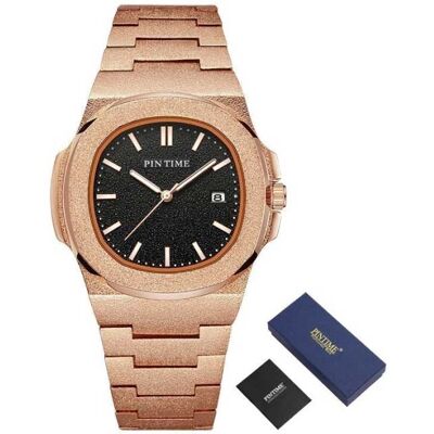 PINTIME Frosted Luxe Horloge voor Heren - Roestvrij Staal Kwarts Uurwerk met Opbergdoosje Rose Gold Zwart PINTIME Frosted Luxe Horloge voor Heren - Roestvrij Staal Kwarts Uurwerk met Opbergdoosje Rose Gold Zwart