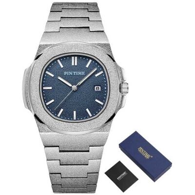 PINTIME Frosted Luxe Horloge voor Heren - Roestvrij Staal Kwarts Uurwerk met Opbergdoosje Zilver Blauw PINTIME Frosted Luxe Horloge voor Heren - Roestvrij Staal Kwarts Uurwerk met Opbergdoosje Zilver Blauw