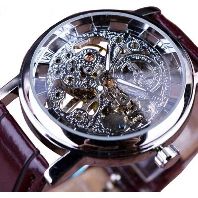 Winner Gouden Kast Luxe Horloge voor Heren - Leren Bandje Transparant Mechanisch Skelet Zilver Bruin Winner Gouden Kast Luxe Horloge voor Heren - Leren Bandje Transparant Mechanisch Skelet Zilver Bruin