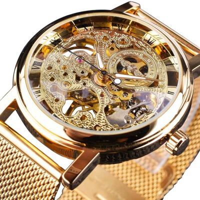 Winner Gouden Kast Luxe Horloge voor Heren - Mesh Bandje Transparant Mechanisch Skelet Goud Winner Gouden Kast Luxe Horloge voor Heren - Mesh Bandje Transparant Mechanisch Skelet Goud