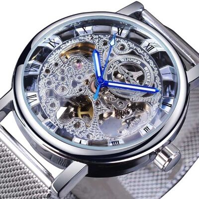 Winner Gouden Kast Luxe Horloge voor Heren - Mesh Bandje Transparant Mechanisch Skelet Zilver Winner Gouden Kast Luxe Horloge voor Heren - Mesh Bandje Transparant Mechanisch Skelet Zilver