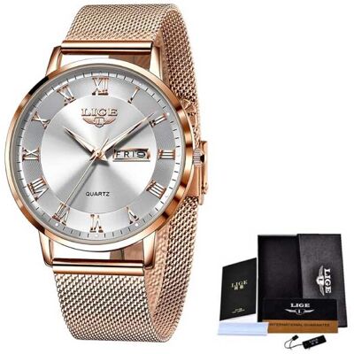 Lige Ultradun Luxe Horloge voor Dames - Kalender Kwarts Roestvrij Staal Waterdicht Horloge Rose Gold Wit Lige Ultradun Luxe Horloge voor Dames - Kalender Kwarts Roestvrij Staal Waterdicht Horloge Rose Gold Wit