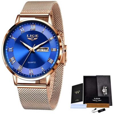 Lige Ultradun Luxe Horloge voor Dames - Kalender Kwarts Roestvrij Staal Waterdicht Horloge Rose Gold Blauw Lige Ultradun Luxe Horloge voor Dames - Kalender Kwarts Roestvrij Staal Waterdicht Horloge Rose Gold Blauw