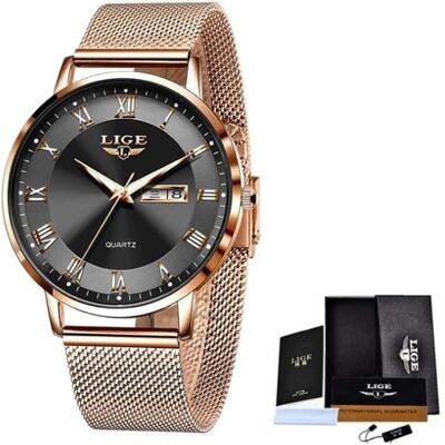 Lige Ultradun Luxe Horloge voor Dames - Kalender Kwarts Roestvrij Staal Waterdicht Horloge Rose Gold Zwart Lige Ultradun Luxe Horloge voor Dames - Kalender Kwarts Roestvrij Staal Waterdicht Horloge Rose Gold Zwart