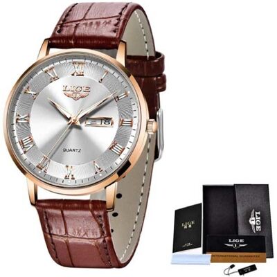 Lige Ultradun Luxe Horloge voor Dames - Kalender Kwarts Roestvrij Staal Waterdicht Horloge Goud Wit Lige Ultradun Luxe Horloge voor Dames - Kalender Kwarts Roestvrij Staal Waterdicht Horloge Goud Wit