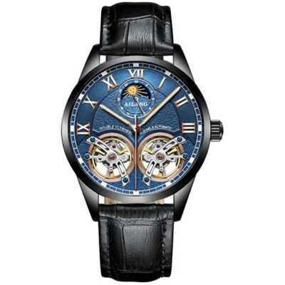 AILANG Vintage Horloge voor Heren - Leren Bandje Kwarts Polshorloge Dubbel Vliegwiel Zwart AILANG Vintage Horloge voor Heren - Leren Bandje Kwarts Polshorloge Dubbel Vliegwiel Zwart