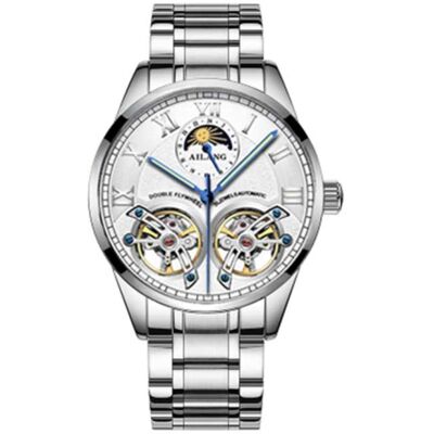 AILANG Vintage Horloge voor Heren - Roestvrij Staal Bandje Kwarts Polshorloge Dubbel Vliegwiel Zilver AILANG Vintage Horloge voor Heren - Roestvrij Staal Bandje Kwarts Polshorloge Dubbel Vliegwiel Zilver