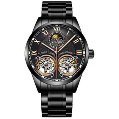 AILANG Vintage Horloge voor Heren - Roestvrij Staal Bandje Kwarts Polshorloge Dubbel Vliegwiel Zwart AILANG Vintage Horloge voor Heren - Roestvrij Staal Bandje Kwarts Polshorloge Dubbel Vliegwiel Zwart