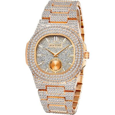 PINTIME Full Diamond Luxe Horloge voor Heren - Roestvrij Staal Kwarts Uurwerk met Opbergdoosje Rose Gold PINTIME Full Diamond Luxe Horloge voor Heren - Roestvrij Staal Kwarts Uurwerk met Opbergdoosje Rose Gold