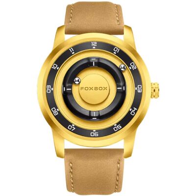 FOXBOX Horloge voor Heren - Drijvende Magnetische Wijzer Polshorloge - Schokbestendig 3 ATM - Goud Leer FOXBOX Horloge voor Heren - Drijvende Magnetische Wijzer Polshorloge - Schokbestendig 3 ATM - Goud Leer