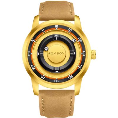 FOXBOX Horloge voor Heren - Drijvende Magnetische Wijzer Polshorloge - Schokbestendig 3 ATM - Goud Rood Leer FOXBOX Horloge voor Heren - Drijvende Magnetische Wijzer Polshorloge - Schokbestendig 3 ATM - Goud Rood Leer