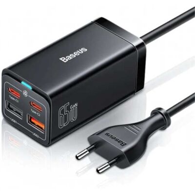 Baseus 65W Oplaadblok - Quad 4-Port GaN USB Fast Charge - Oplader Muur Wallcharger AC Thuislader Stekkerlader Adapter Zwart Baseus 65W Oplaadblok - Quad 4-Port GaN USB Fast Charge - Oplader Muur Wallcharger AC Thuislader Stekkerlader Adapter Zwart