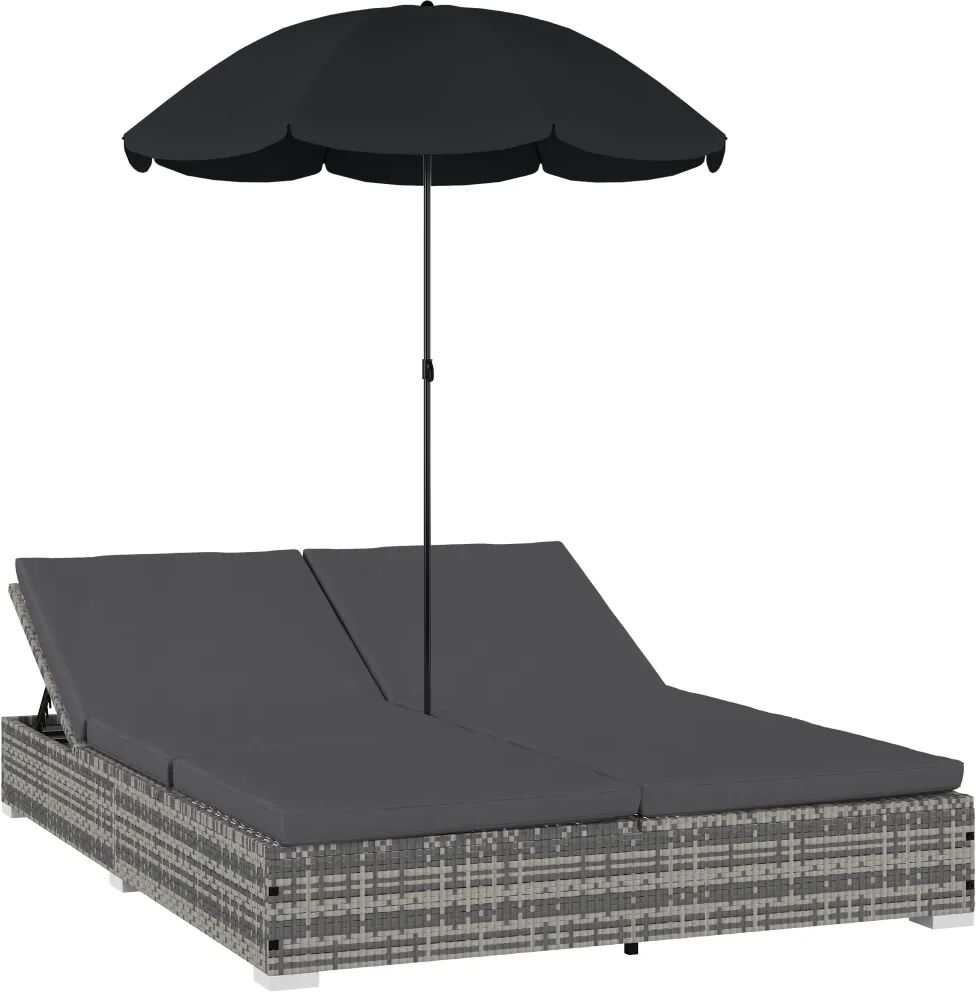 vidaXL Loungebed met parasol poly rattan grijs