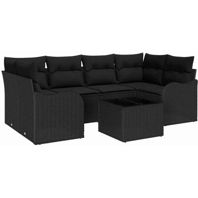 vidaXL Tuinbank Set met kussen 7 pcs Zwart Poly rattan, staal en glas vidaXL Tuinbank Set met kussen 7 pcs Zwart Poly rattan, staal en glas