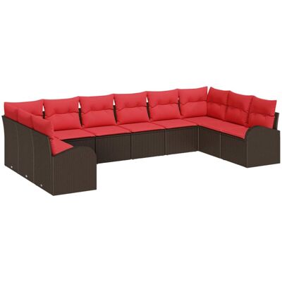 vidaXL Tuinbank Set met kussen 10 pcs Bruin en Rood poly rattan vidaXL Tuinbank Set met kussen 10 pcs Bruin en Rood poly rattan