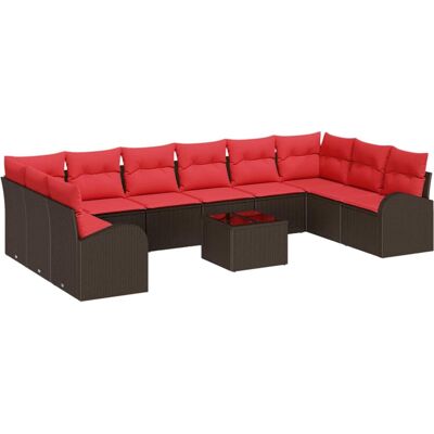 vidaXL Tuinbank Set met kussen 11 pcs Bruin en Rood poly rattan vidaXL Tuinbank Set met kussen 11 pcs Bruin en Rood poly rattan