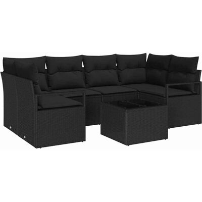 vidaXL Tuinbank Set met kussen 7 pcs Zwart Poly rattan, staal en glas vidaXL Tuinbank Set met kussen 7 pcs Zwart Poly rattan, staal en glas