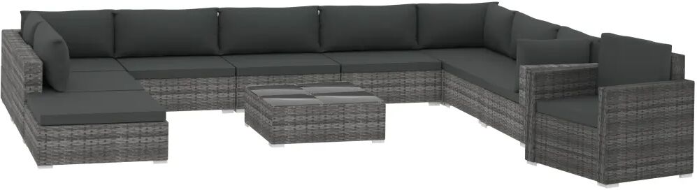 vidaXL 11-delige Loungeset met kussens poly rattan grijs