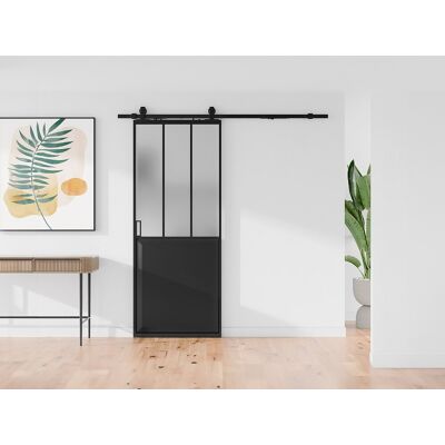Vente-unique Schuifdeur werkplaatsstijl met opbouwsysteem - Zwart en mat gehard glas - H205 cm x L73 cm - ARTISTO II Vente-unique Schuifdeur werkplaatsstijl met opbouwsysteem - Zwart en mat gehard glas - H205 cm x L73 cm - ARTISTO II