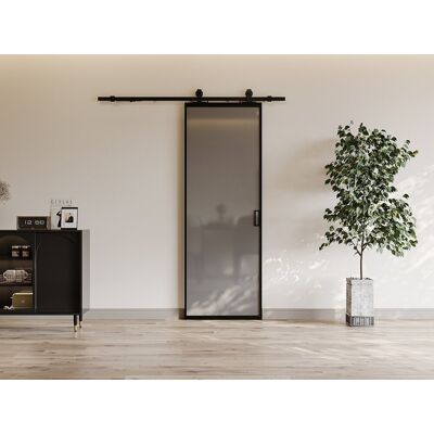 Vente-unique Schuifdeur met opbouwsysteem - Aluminium en gehard rookglas - H205 x L93 cm - LINCI II Vente-unique Schuifdeur met opbouwsysteem - Aluminium en gehard rookglas - H205 x L93 cm - LINCI II