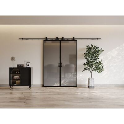 Vente-unique Dubbele schuifdeur met opbouwsysteem - Aluminium en gehard rookglas - 2 x H205 x L83 cm - LINCI II Vente-unique Dubbele schuifdeur met opbouwsysteem - Aluminium en gehard rookglas - 2 x H205 x L83 cm - LINCI II