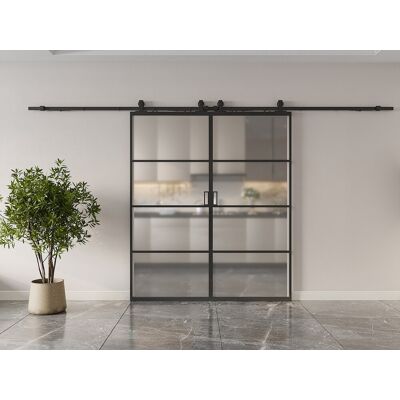 Vente-unique Dubbele schuifdeur met wandbevestiging - aluminium en gehard matglas - 2 x H205 x L63 cm - SINCA II Vente-unique Dubbele schuifdeur met wandbevestiging - aluminium en gehard matglas - 2 x H205 x L63 cm - SINCA II