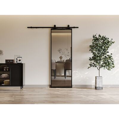 Vente-unique Schuifdeur met ophangsysteem - Aluminium en gerookt gehard glas - H205 x B83 cm - LINCI II Vente-unique Schuifdeur met ophangsysteem - Aluminium en gerookt gehard glas - H205 x B83 cm - LINCI II