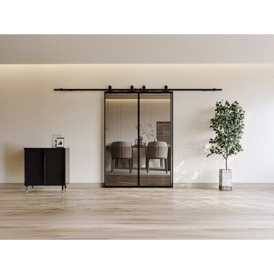 Vente-unique Dubbele schuifdeur met ophangsysteem - Aluminium en gerookt gehard glas - 2 x H205 x B93 cm - LINCI II Vente-unique Dubbele schuifdeur met ophangsysteem - Aluminium en gerookt gehard glas - 2 x H205 x B93 cm - LINCI II