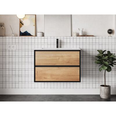 Vente-unique Hangend badkamermeubel met ingebouwde wastafel - Licht naturel en zwart - 80 cm - LANNICK Vente-unique Hangend badkamermeubel met ingebouwde wastafel - Licht naturel en zwart - 80 cm - LANNICK